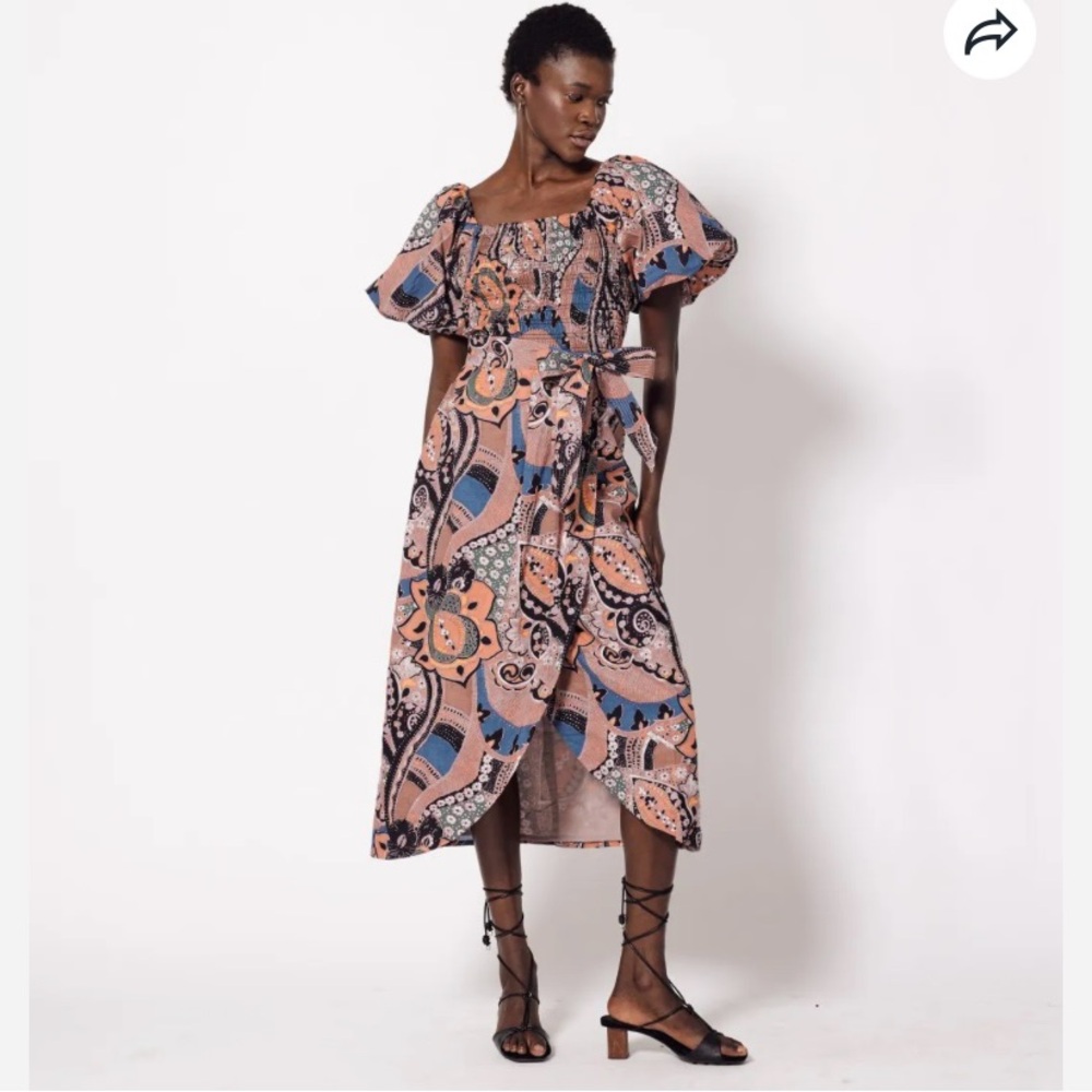 Cleobella Lexi Midi Dress | Organic Cotton Puff Sleeve Smocked Waist Size S